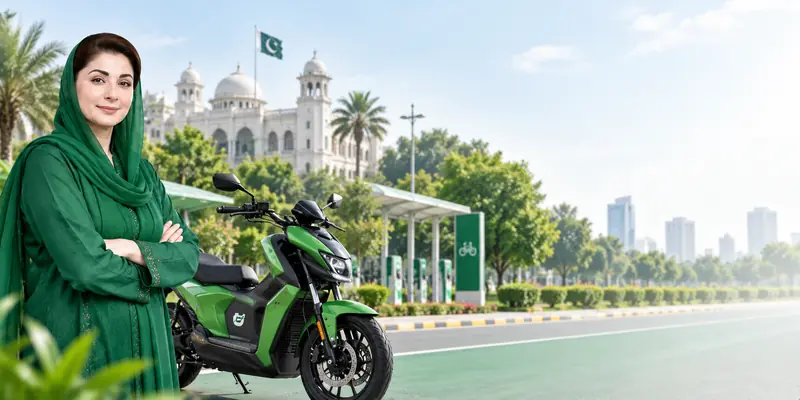 Maryam Nawaz with an electric bike for the CM Punjab E-Bike Scheme